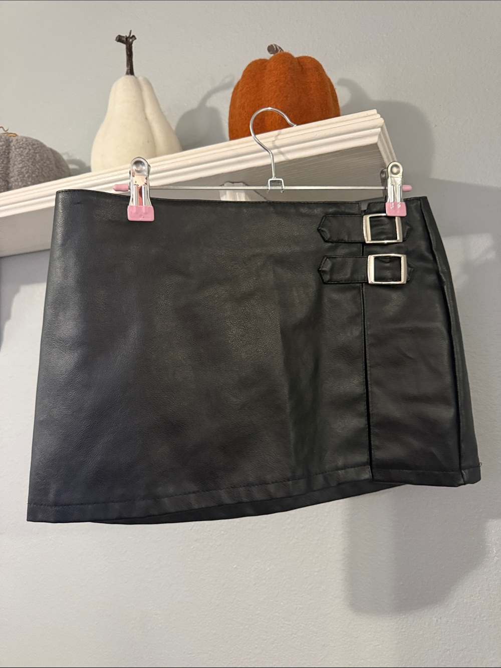 Black Faux Leather Mini Skirt with Buckle Detail